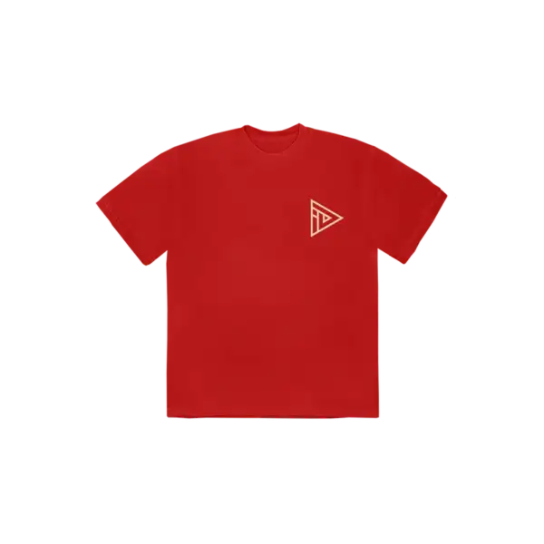 Red Imagine Dragons T shirt featuring a small gold geometric triangle logo on the left chest displayed on a plain background