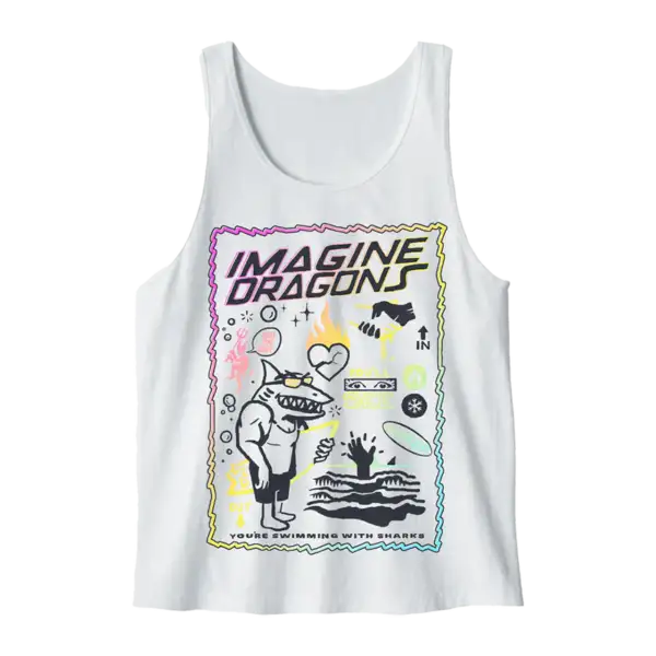 Front view of Sharks Beach Tank featuring bold SHARKS text and fin graphic on light fabric official Imagine Dragons T Shirt in sleeveless unisex style