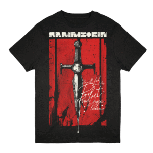Black Rammstein T-shirt with bold front graphic print, laid flat on a white background, made from 100% cotton.