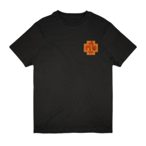 Black Rammstein T-shirt with bold front and back prints, laid flat on a white background, made from 100% cotton. Black Rammstein T-shirt with bold front and back prints, laid flat on a white background, made from 100% cotton.