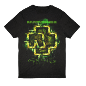 Black Rammstein T-shirt with bold front graphic print, laid flat on a white background, made from 100% cotton.