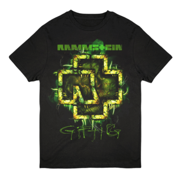 Black Rammstein T shirt with bold front graphic print laid flat on a white background made from 100 cotton