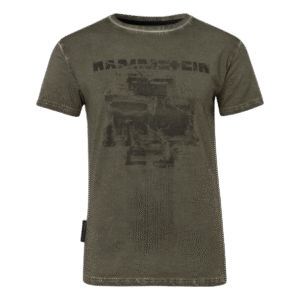 Olive-colored Rammstein T-shirt with distressed "Broken Logo" print on front and back, featuring flag label and sleeve applications, made from 100% cotton, laid flat.