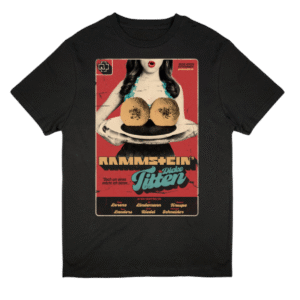 Black Rammstein T-shirt with bold front and back graphic prints, laid flat on a white background, made from 100% cotton.