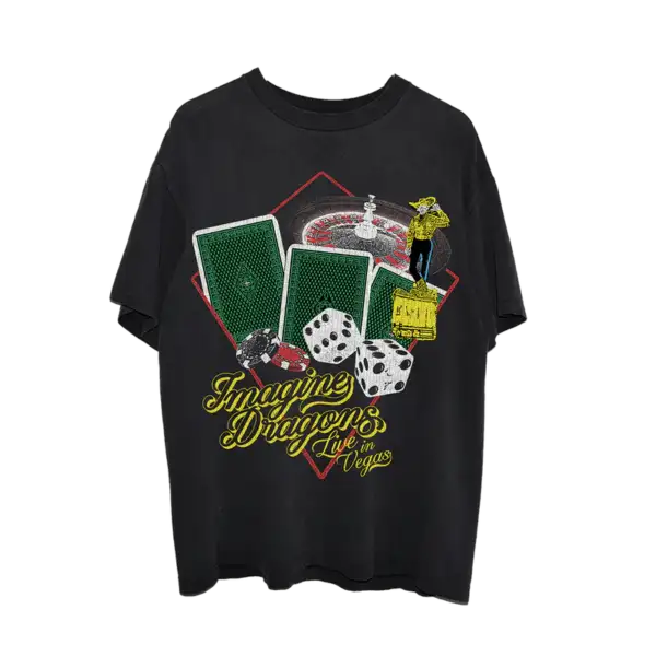 Front view of the CASINO T SHIRT featuring a vibrant Vegas style casino graphic on black fabric official Imagine Dragons T Shirt in a relaxed unisex fit