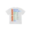 Back of the white Imagine Dragons Mercury Tour T shirt showing Imagine Dragons Mercury World Tour 2022 text and a list of US cities and states from the tour printed in bold orange blue and green