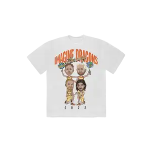 Front of the white Imagine Dragons Mercury Tour T-shirt featuring cartoon versions of the band members stacked in a cheerleader pose, with 'Imagine Dragons Mercury World Tour 2022' text above and below the illustration