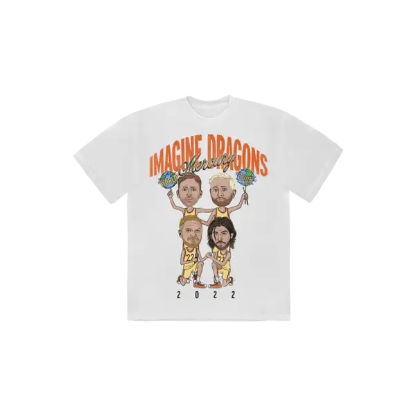 Front of the white Imagine Dragons Mercury Tour T shirt featuring cartoon versions of the band members stacked in a cheerleader pose with Imagine Dragons Mercury World Tour 2022 text above and below the illustration