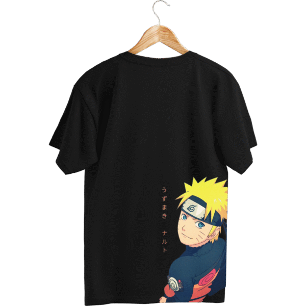 Naruto merch black t shirt back view featuring Naruto Uzumaki name artwork