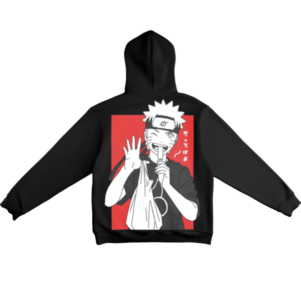 Naruto hoodie Dattebayo black back view featuring Naruto Uzumaki inspired artwork