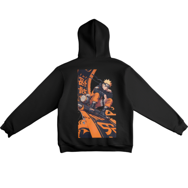 Black Naruto Hoodie featuring Naruto sitting on an orange abstract futuristic art design on the back