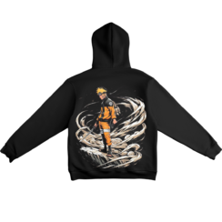 Naruto hoodie black back view showing Naruto standing on mountain peak surrounded by storm of sand