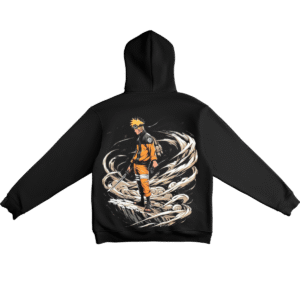 Naruto hoodie black back view showing Naruto standing on mountain peak surrounded by storm of sand
