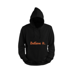 Black Naruto Hoodie with "Believe It" written in bold orange text on the front, minimalist anime-inspired design.