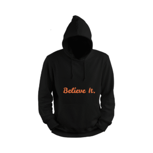 Black Naruto Hoodie with "Believe It" written in bold orange text on the front, minimalist anime-inspired design.