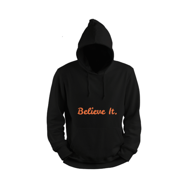 Black Naruto Hoodie with Believe It written in bold orange text on the front minimalist anime inspired design