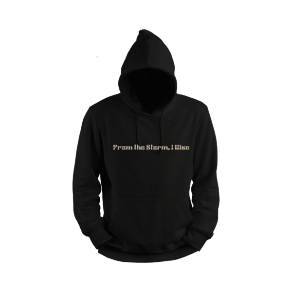 Naruto hoodie black front view with text From The Storm I Rise minimalist design