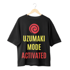 Naruto merch black t-shirt front view with Uzumaki Mode Activated typography design