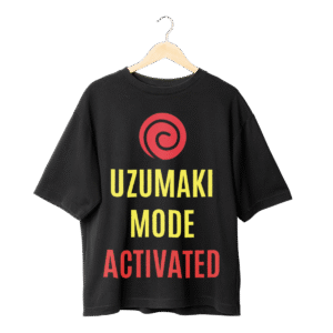 Naruto merch black t-shirt front view with Uzumaki Mode Activated typography design