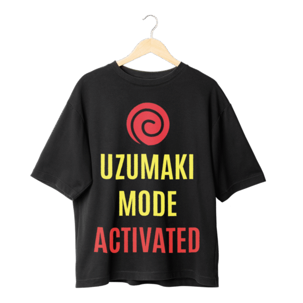 Naruto merch black t shirt front view with Uzumaki Mode Activated typography design