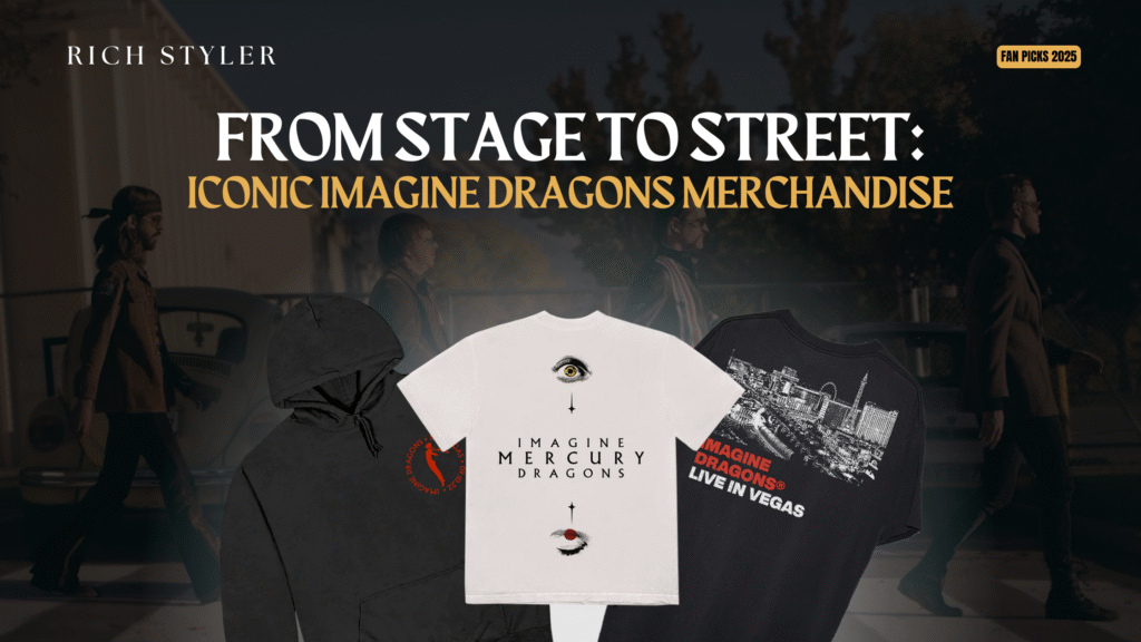 Iconic Imagine Dragons merchandise featuring a black Imagine Dragons hoodie with red logo, a white Imagine Dragons Mercury T-shirt with artistic eye design, and a black Imagine Dragons Live in Vegas T-shirt with city skyline print.