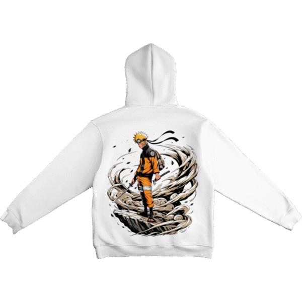 Naruto hoodie white back view showing Naruto standing on mountain peak surrounded by storm of sand