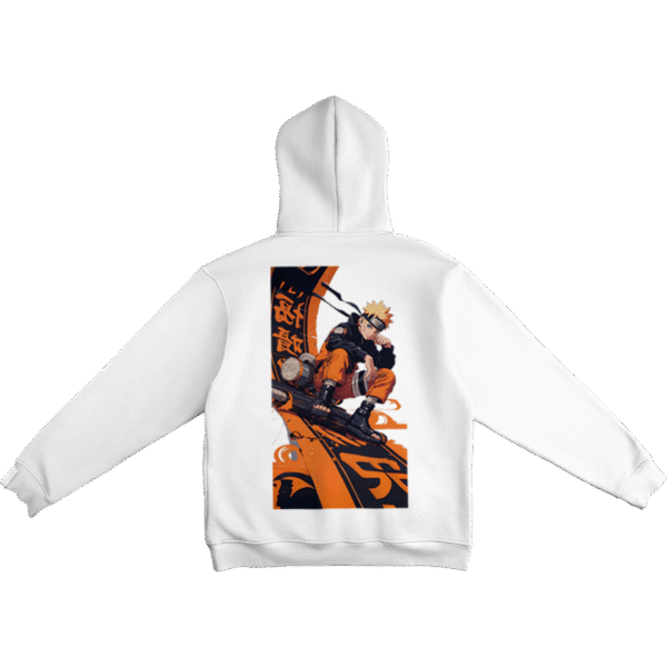 White Naruto Hoodie showing Naruto sitting on an orange futuristic abstract art design on the back