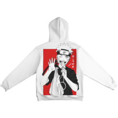 Naruto hoodie Dattebayo white back view featuring Naruto Uzumaki inspired artwork