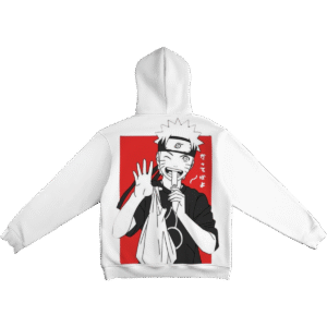 Naruto hoodie Dattebayo white back view featuring Naruto Uzumaki inspired artwork