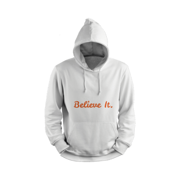 White Naruto Hoodie with Believe It written in bold orange text on the front clean minimalist anime style