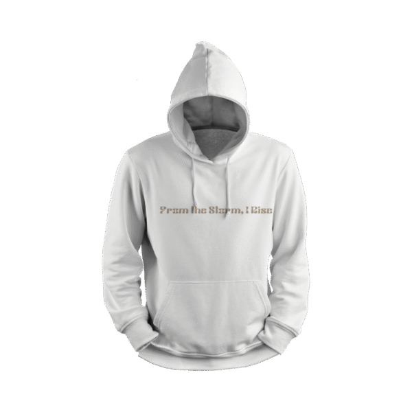 Naruto hoodie white front view with text From The Storm I Rise minimalist design