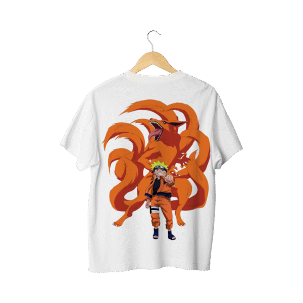 Naruto Merch T Shirt back design in white showing Naruto standing before Kurama his dragon with striking anime inspired style
