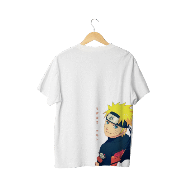 Naruto merch white t shirt back view featuring Naruto Uzumaki name artwork
