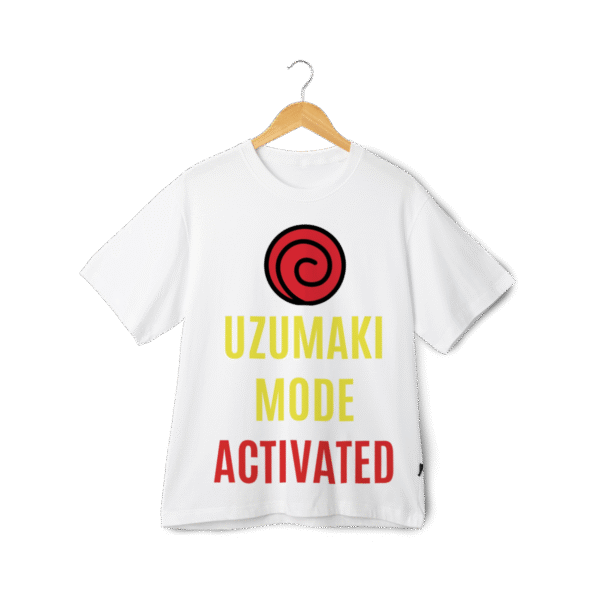Naruto merch white t shirt front view with Uzumaki Mode Activated typography design