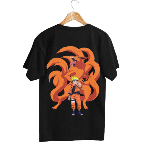 Naruto Merch T Shirt back design featuring Naruto standing in front of Kurama his dragon in detailed anime artwork