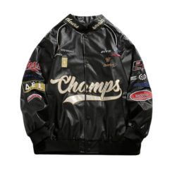 Aelfric Eden Racing Faux Men's Leather Jacket front view showing button-down closure, standard collar, and black faux leather finish.