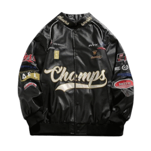 Aelfric Eden Racing Faux Men's Leather Jacket front view showing button-down closure, standard collar, and black faux leather finish.