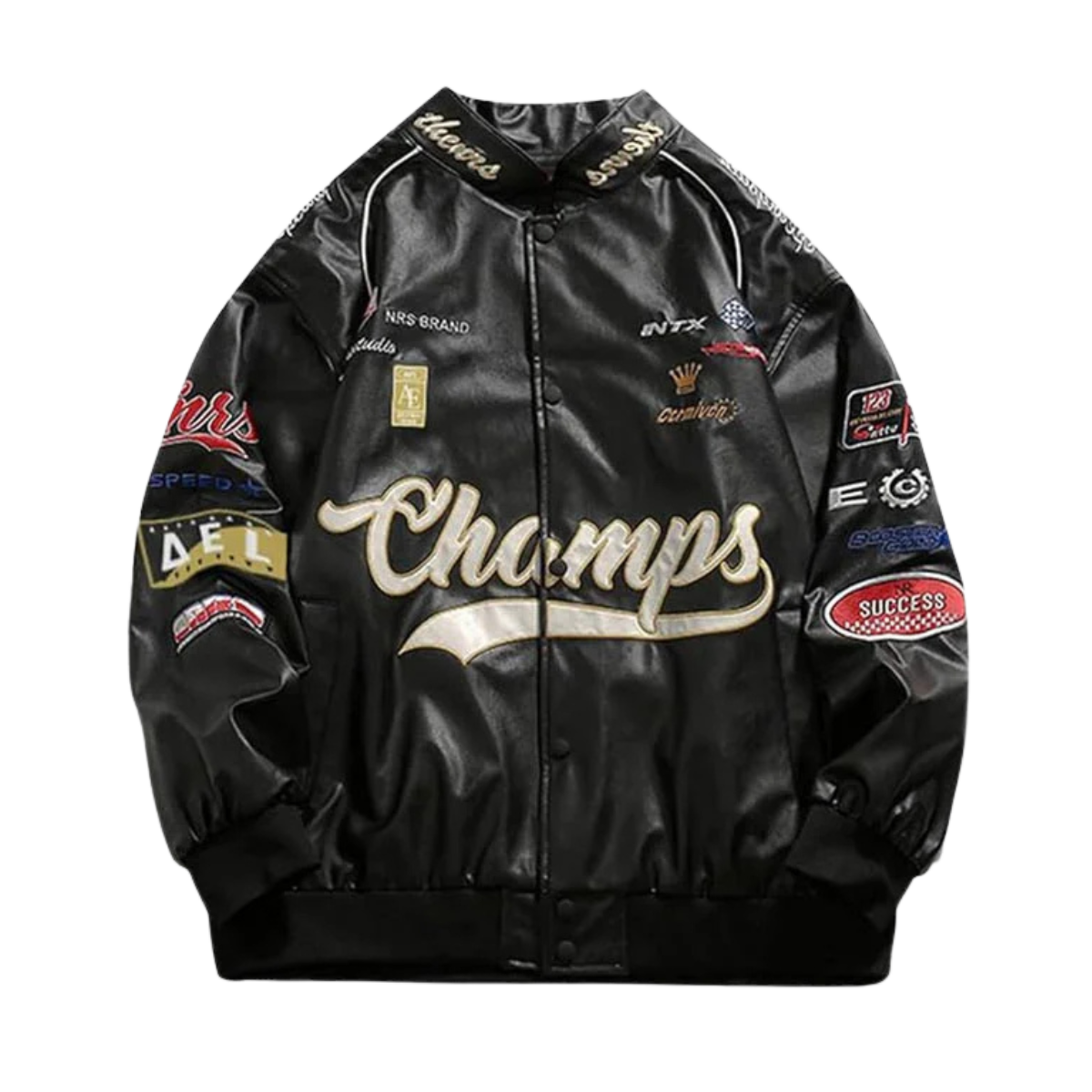 Aelfric Eden Racing Faux Mens Leather Jacket Rich Styler Aelfric Eden Racing Faux Mens Leather Jacket front view showing button down closure standard collar and black faux leather finish