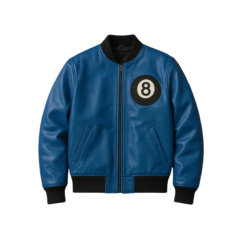 8 Ball Varsity Men’s Leather Jacket front view showcasing black and red leather design with 8 ball patch and ribbed cuffs.