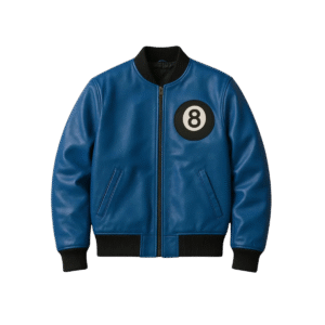 8 Ball Varsity Men’s Leather Jacket front view showcasing black and red leather design with 8 ball patch and ribbed cuffs.