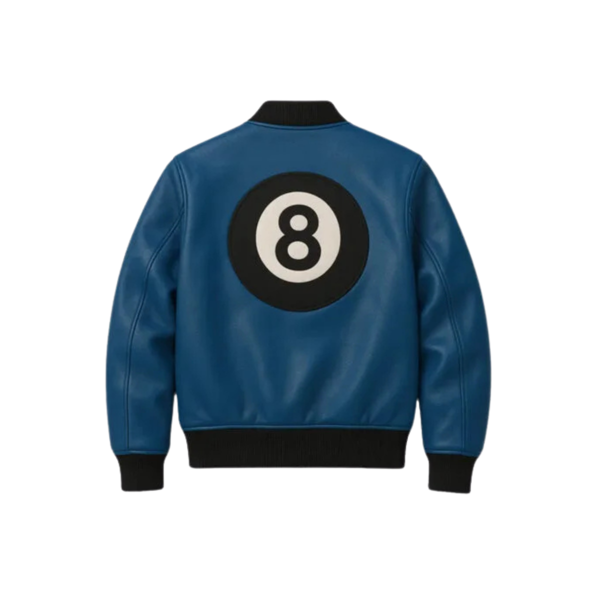 8 Ball Varsity Leather Jacket Rich Styler 8 Ball Varsity Mens Leather Jacket back view featuring bold 8 ball logo and classic varsity leather jacket style