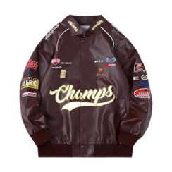 Aelfric Eden Racing Men’s Leather Brown Jacket front view showing button closure, brown faux leather texture, and oversized racing design.