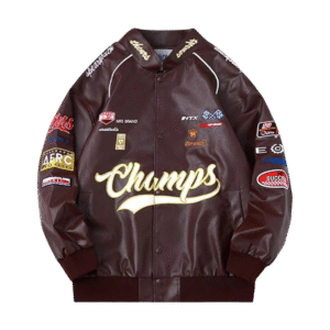 Aelfric Eden Oversized Racing Faux Leather Brown Jacket Rich Styler Aelfric Eden Racing Mens Leather Brown Jacket front view showing button closure brown faux leather texture and oversized racing design