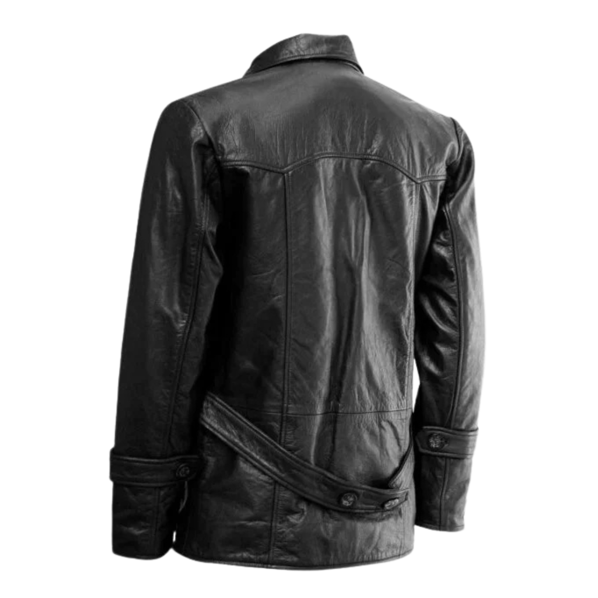 Untitled design 20251111T071144372 Rich Styler Back view of Black Leather Reefer Coat for men showcasing sleek black leather tailored fit and classic reefer coat design