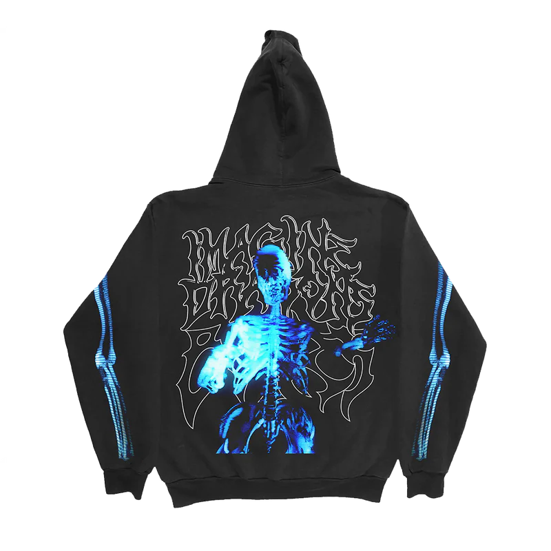Back view of the Imagine Dragons Bones Skelly Pullover Hoodie from Richstyler featuring a glowing blue X ray skeleton on the back matching sleeve bones and Imagine Dragons in white gothic font on a black hoodie