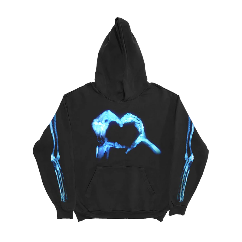 Imagine Dragons Bones Skelly hoodie black pullover with blue X ray skeleton heart graphic and sleeve bone design front view band merch streetwear